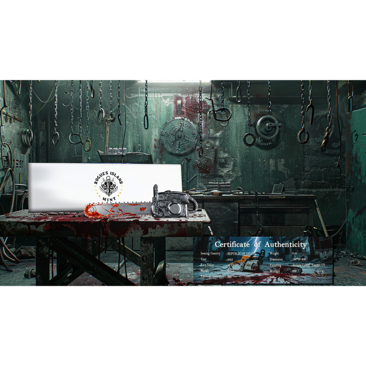 Ghana: Bloody Chainsaw kolorowany 2 uncje Srebra 2025 Antiqued Shaped Coin