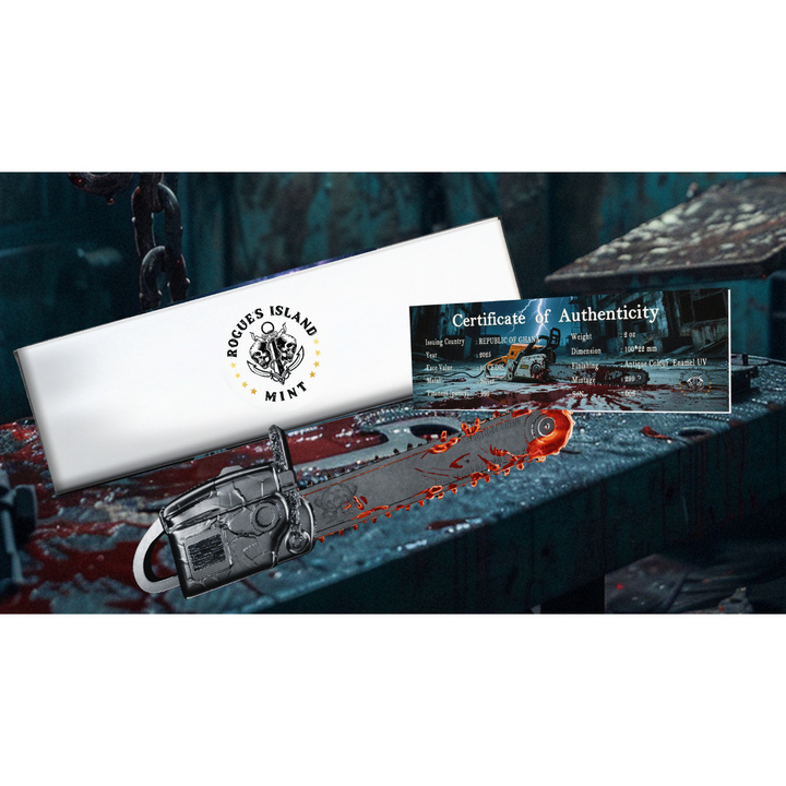 Ghana: Bloody Chainsaw kolorowany 2 uncje Srebra 2025 Antiqued Shaped Coin