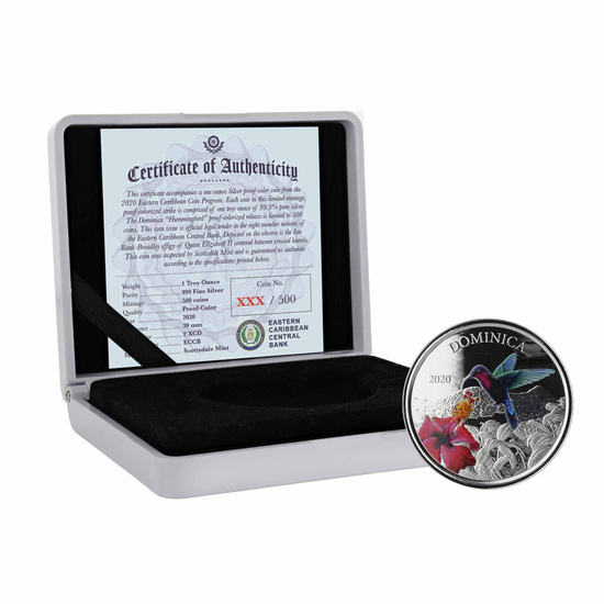 Dominica: Hummingbird kolorowany 1 uncja Srebra 2020 Proof