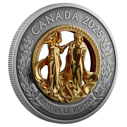 Canada: Allegories of Justice and Truth pozłacany $50 Srebro 2025 Antiqued Coin