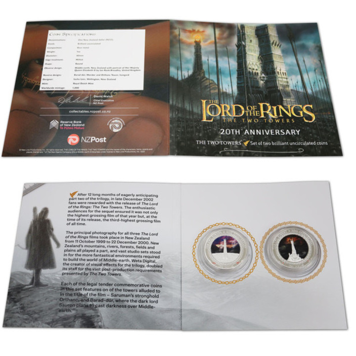 Zestaw 2 monet The Lord of the Rings: The Two Towers - 20. rocznica filmu kolorowany Miedzionikiel 2022