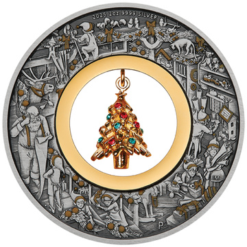 Australia: Santa’s Workshop pozłacany 2 uncje Srebra 2025 Antiqued Coin