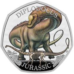 Dinosaurs: Iconic Specimens - Diplodocus kolorowany 50p Srebro 2024 Proof