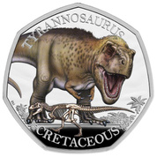 Dinosaurs: Iconic Specimens - Tyrannosaurus Rex kolorowany 50p Srebro 2024 Proof 