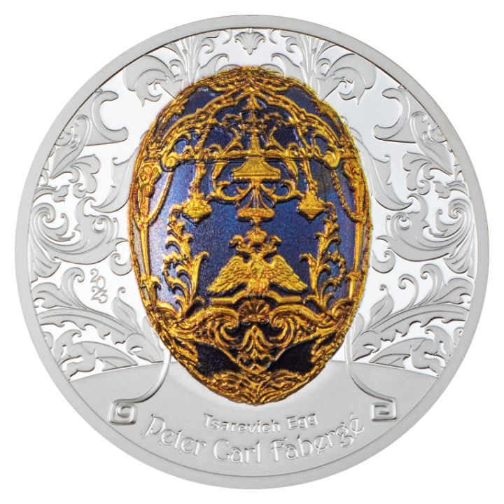  Mongolia: Peter Carl Fabergé – Tsarevich Egg kolorowany 2 uncje Srebra 2023 Proof High Relief