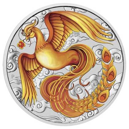 Chinese Myths and Legends: Phoenix kolorowany czerwono-złoty (wersja z monetą w karcie) 1 uncja Srebra 2022