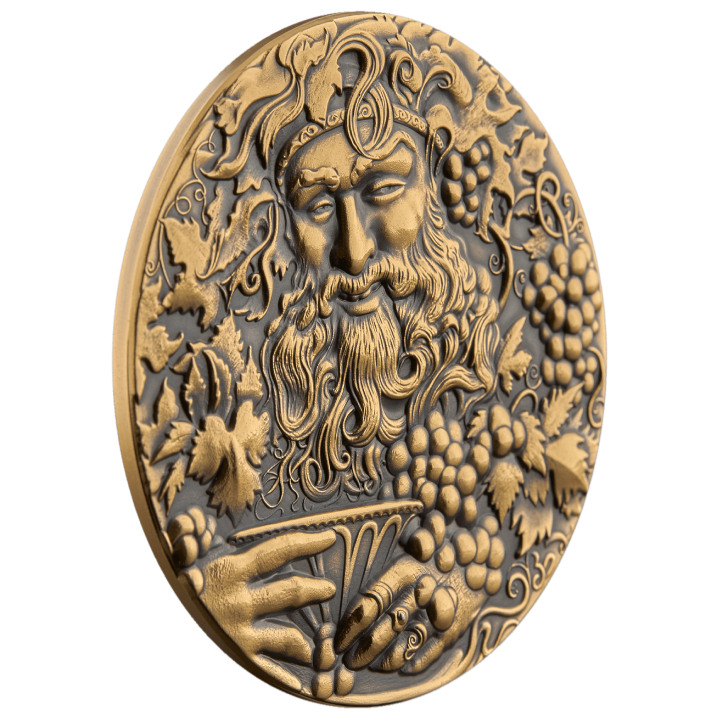 Niue: Goddesses and God - Bacchus pozłacany $5 Srebro 2022 High Relief Antiqued Coin
