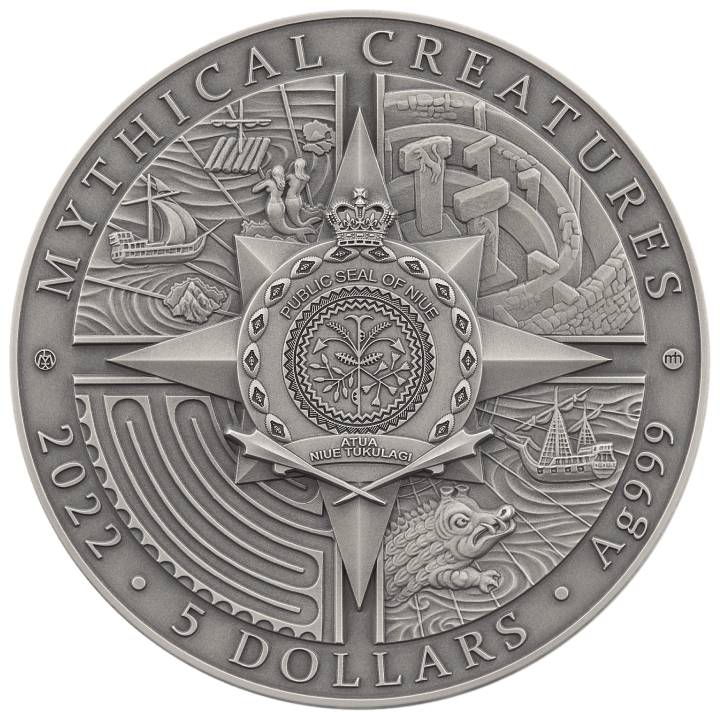 Niue: Mythical Creatures - Sirens kolorowany $5 Srebro 2022 High Relief Antiqued Coin