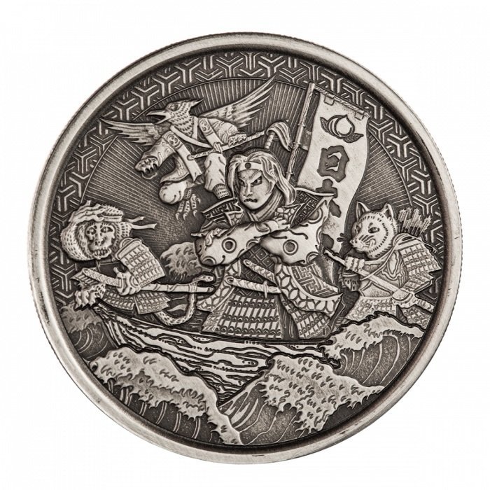 Samoa: Legends of Japan Series - Momotaro Onto Demon Island in Ukiyoe Style 1 uncja Srebra 2021 Antiqued Coin