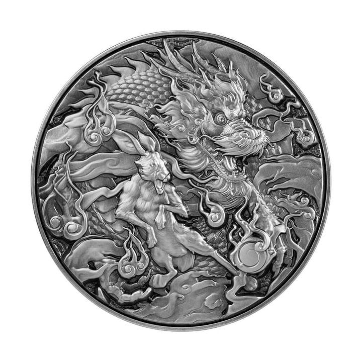 Tokelau: Auspicious Dragon Zodiac - Chinese Dragon & Rabbit 2 uncje Srebra 2023 High Relief Antiqued Coin