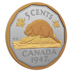 Canada: 1947 Maple Leaf Mark 5-Cent pozłacany Srebro 2023 Proof 
