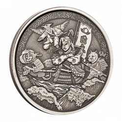 Samoa: Legends of Japan Series - Momotaro Onto Demon Island in Ukiyoe Style 1 uncja Srebra 2021 Antiqued Coin