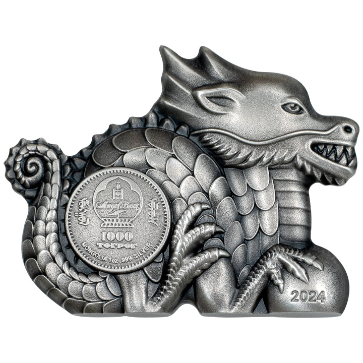  Mongolia: Great Dragon 1 uncja Srebra 2024 Ultra High Relief Antiqued Coin
