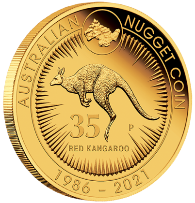 Australijski Kangur: 35 rocznica Kangaroo Nugget 1/4 uncji Złota 2021 Proof