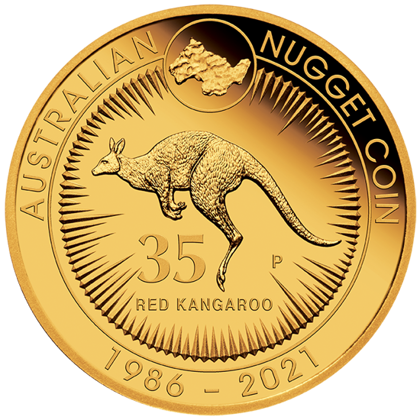 Australijski Kangur: 35 rocznica Kangaroo Nugget 1/4 uncji Złota 2021 Proof