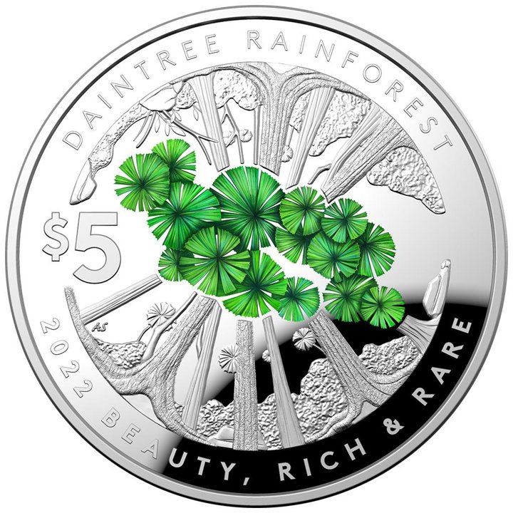 Beauty, Rich & Rare: Daintree Rainforest kolorowany 1 uncja Srebra 2022 Proof Domed Coin