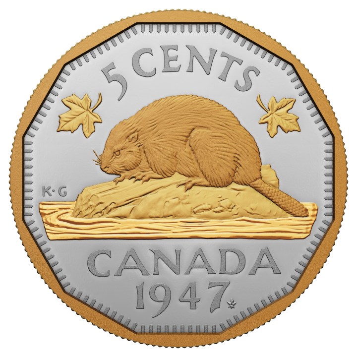Canada: 1947 Maple Leaf Mark 5-Cent pozłacany Srebro 2023 Proof 