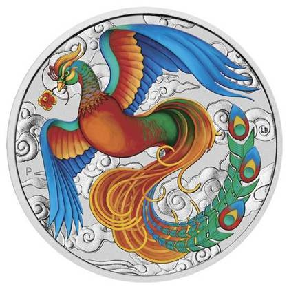 Chinese Myths and Legends: Phoenix kolorowany granatowo-czerwony (wersja z monetą w karcie) 1 uncja Srebra 2022