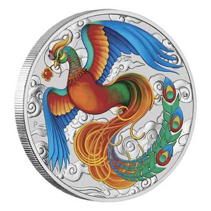Chinese Myths and Legends: Phoenix kolorowany granatowo-czerwony (wersja z monetą w karcie) 1 uncja Srebra 2022