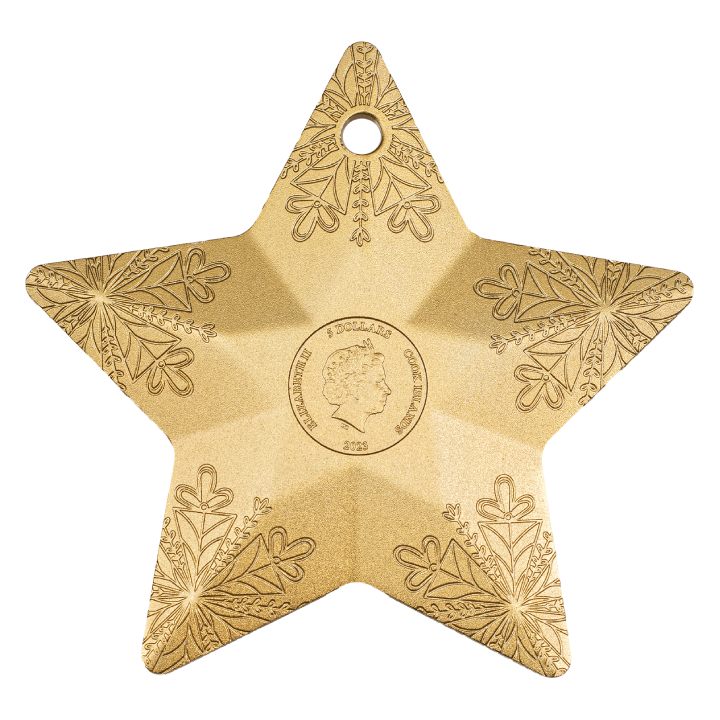 Cook Islands: Holiday Ornament - Snowflake Star pozłacany 1 uncja Srebra 2023 Silk Ultra High Relief