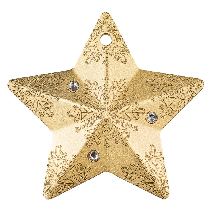 Cook Islands: Holiday Ornament - Snowflake Star pozłacany 1 uncja Srebra 2023 Silk Ultra High Relief