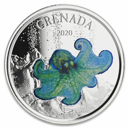 Grenada: Ośmiornica kolorowana 1 uncja Srebra 2020 Proof