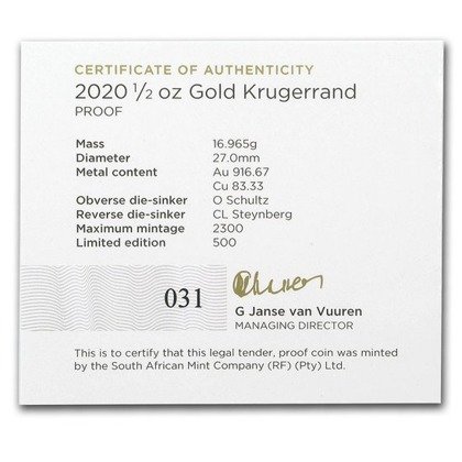 Krugerrand 1/2 uncji Złota 2020 Proof