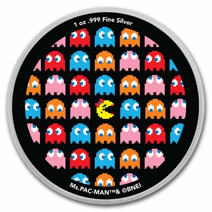 Ms.PAC-MAN Pixel Pattern kolorowany 1 uncja Srebra Slab