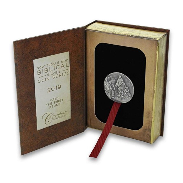 Niue: Biblical - Cast the First Stone 2 uncje Srebra 2019 Proof Antiqued Coin 