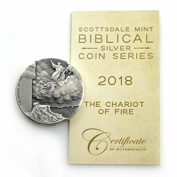 Niue: Biblical - Chariot of Fire 2 uncje Srebra 2018 Proof Antiqued Coin 