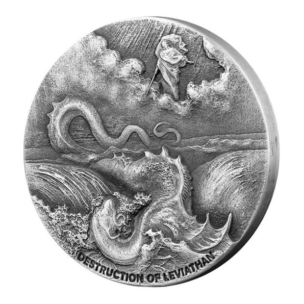 Niue: Biblical - Destruction of Leviathan 2 uncje Srebra 2020 Proof Antiqued Coin 