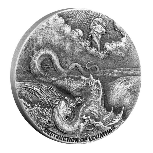 Niue: Biblical - Destruction of Leviathan 2 uncje Srebra 2020 Proof Antiqued Coin 