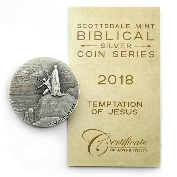 Niue: Biblical - Temptation of Jesus 2 uncje Srebra 2018 Proof Antiqued Coin 