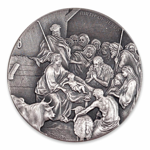 Niue: Biblical - The Birth Of Jesus 2 uncje Srebra 2016 Proof Antiqued Coin 