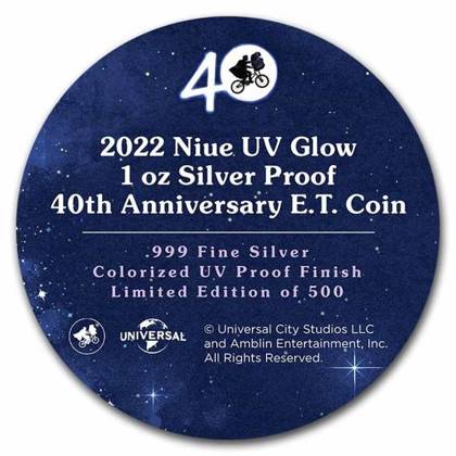 Niue: E.T. kolorowany - 40. rocznica filmu 1 uncja Srebra 2022 UV Glow Proof (Metalowe opakowanie)