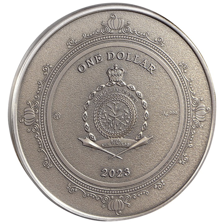 Niue: Fairy Tales - Cinderella kolorowana $1 Srebro 2023 High Relief Antiqued Coin	