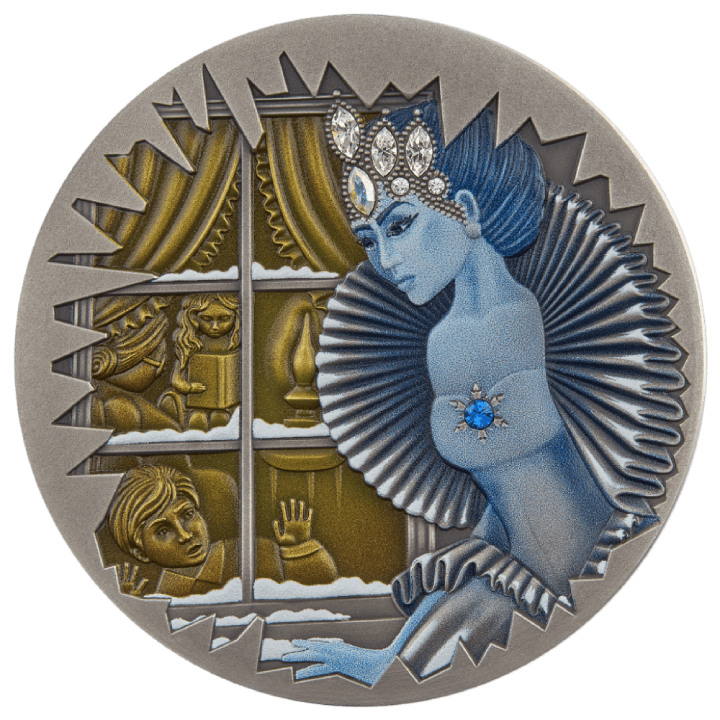 Niue: Fairy Tales - The Snow Queen kolorowana $1 Srebro 2022 High Relief Antiqued Coin	