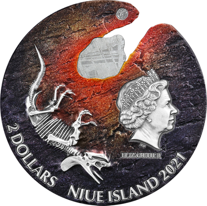 Niue: Impact Moments - Meteorite kolorowany 2 uncje Srebra 2021 High Relief Antique Finish