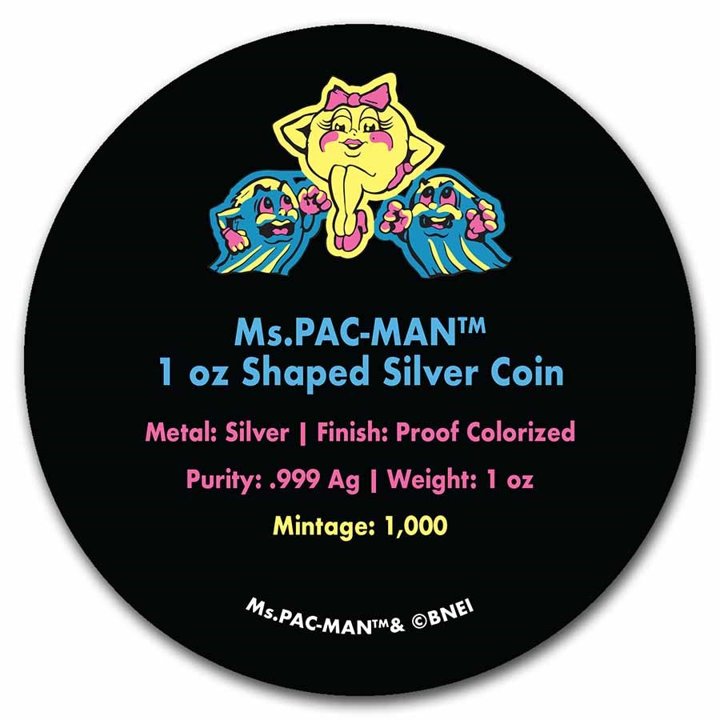 Niue: Ms.PAC-MAN kolorowany 1 uncja Srebra 2022 Proof Shaped Coin 