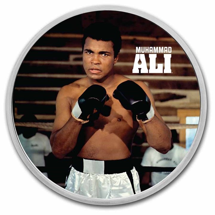 Niue: Muhammad Ali kolorowany 1 uncja Srebra 2023 Slab
