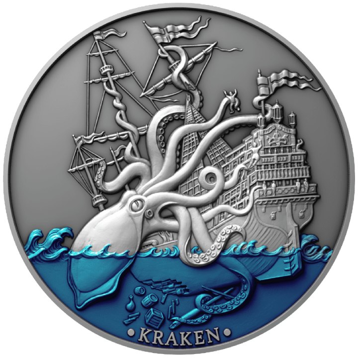 Niue: Mythical Creatures - Sea Monster Kraken kolorowany $5 Srebro 2021 High Relief Antiqued Coin