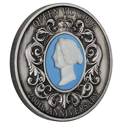 Queen Victoria 200. rocznica kolorowana 2 uncje Srebra 2019 Antiqued Cameo Coin
