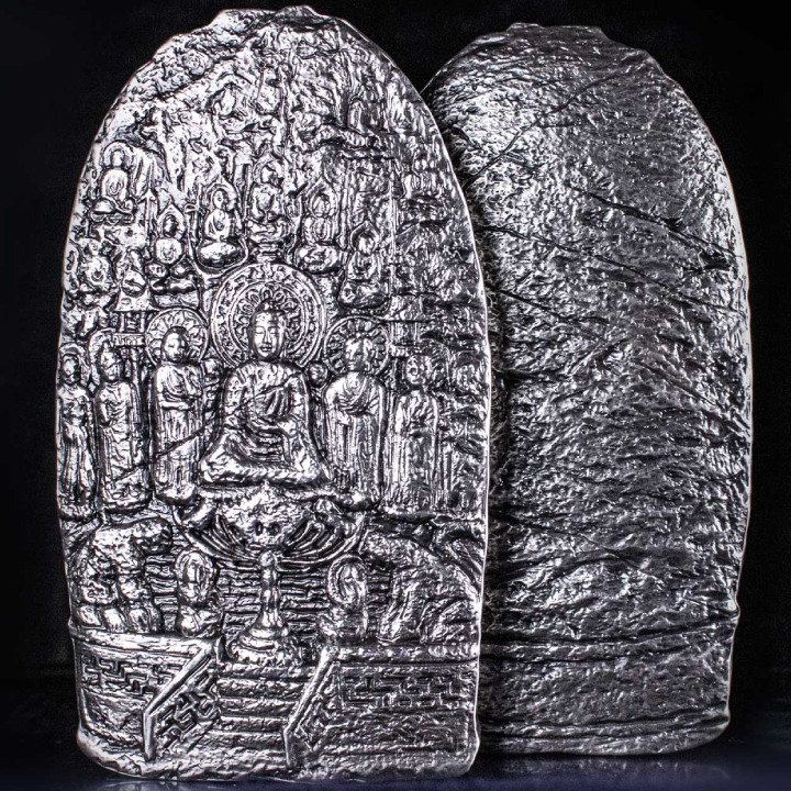 The Gichukmyeong Amitabha Buddha Statue 2 uncje Srebra 2023 High Relief Antiqued 