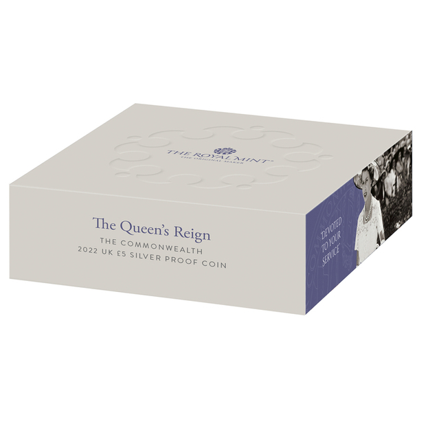 The Queens Reign - Commonwealth Srebro £5 2022 Proof 
