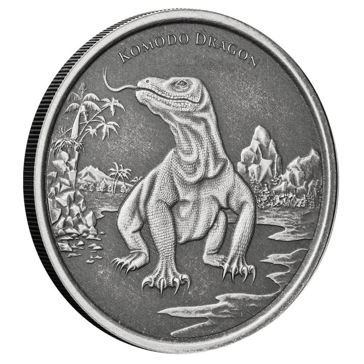 Tokelau: Komodo Dragon 1 uncja Srebra 2022 Antiqued Coin 