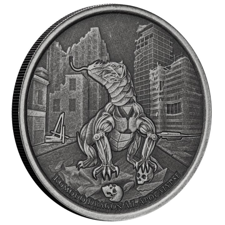 Tokelau: Komodo Dragon A.I. Apocalypse 1 uncja Srebra 2022 Antiqued Coin 
