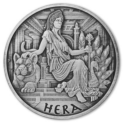 Tuvalu: Bogowie Olimpu - Hera 1 uncja Srebra 2022 Antiqued Coin
