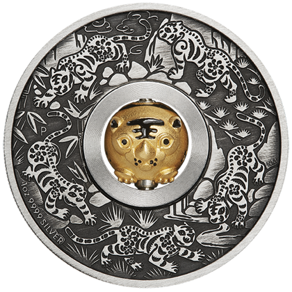 Tuvalu: Lunar III - Rok Tygrysa 1 uncja Srebra 2022 Rotating Charm Antiqued Coin