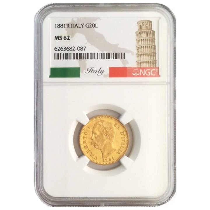 Włochy 20 Lirów Złoto 1881 MS-62 NGC